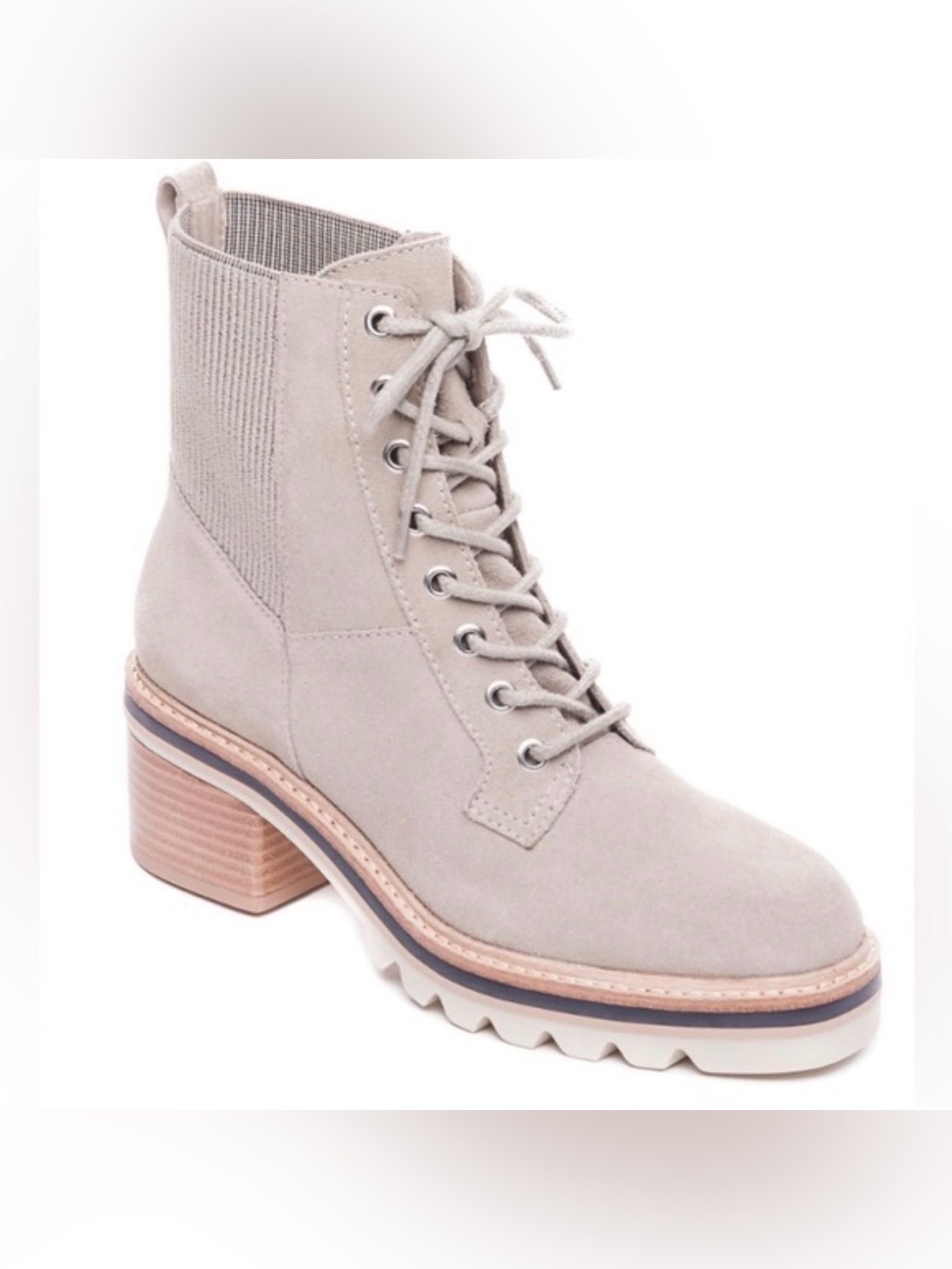 Bernardo Selena Taupe Suede Combat Boots w Chunky Lug Sole & Elastic Side Panels